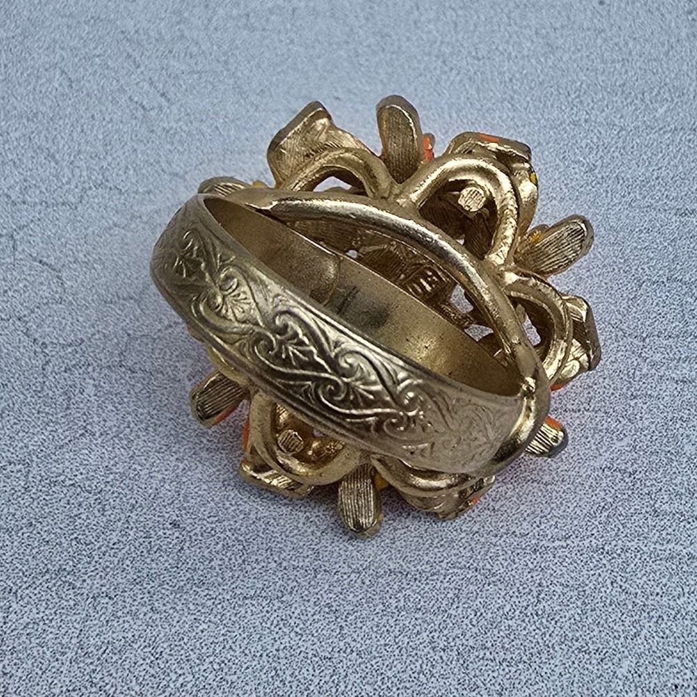 Vintage Enamel Flower Cluster Adjustable Ring Orange Yellow Green Rhinestone - Picture 6 of 10